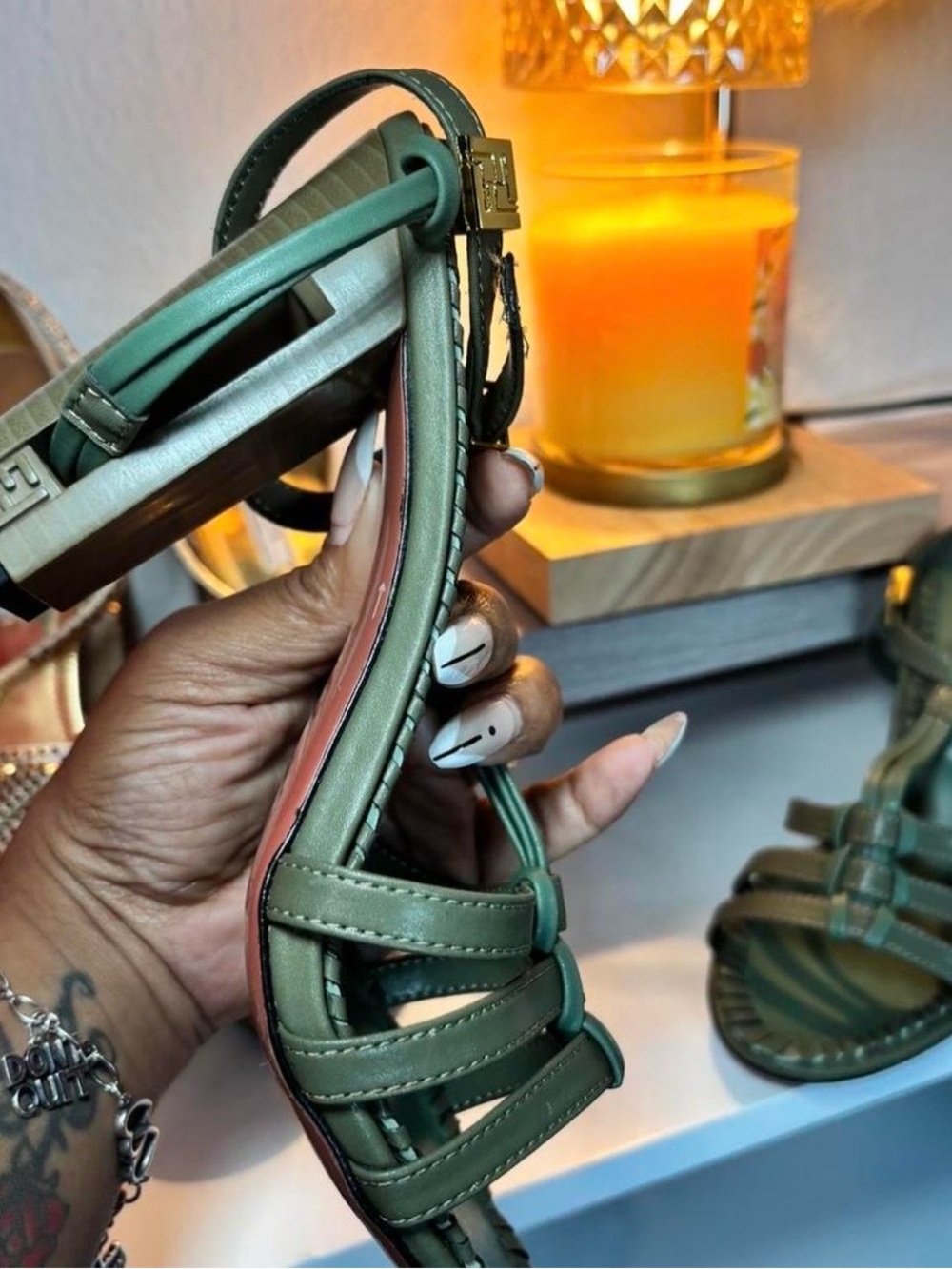 Fendi Olive Green Leather Strappy Sandals with Gold Buckles - Picture 5 of 8